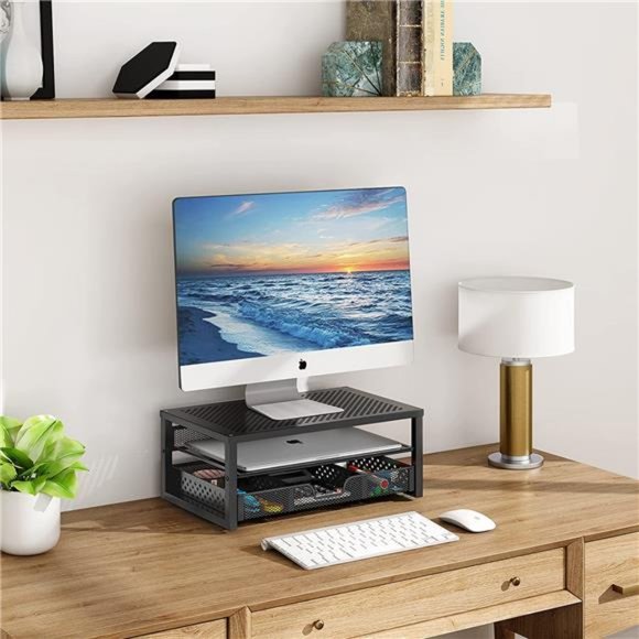 SimpleTrending-Metal Monitor Stand Riser and Computer Desk Organizer with Drawer - Picture 4 of 5